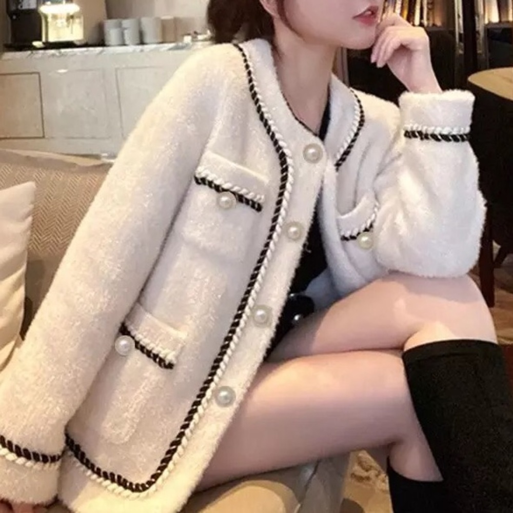 Coat jacket embroidery pocket blazer womens cream white suit jacket fuzzy